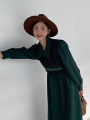 Urban Color-Block Lapel High-Waist Midi Dress