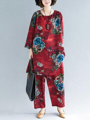 Loose Flower Print Round-neck T-shirt+Pants Suits