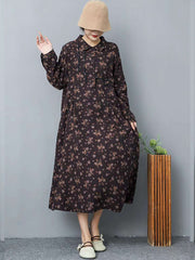 Vintage Lapel Printed Half Cardigan Midi Dress