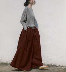 Women Loose Retro Solid Color Wide Leg Casual Pants
