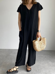 Loose Solid Color V-Neck Jumpsuit