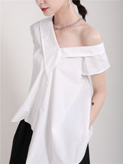Women Lace Up Big Bow Irregular Slanted Shoulder Shirt