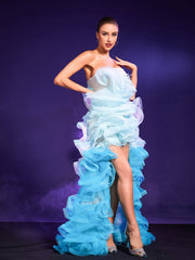 Vairea Strapless Tulle Gradient Feather Maxi Dress