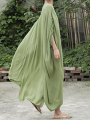 Retro Round Neck Solid Color Loose Casual Dress