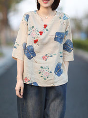 Loose Printed Thin Oblique Neckline Shirt Tops