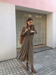 Simple And Elegant V-Neck Long Sleeve Lace-Up Waist Midi Dress