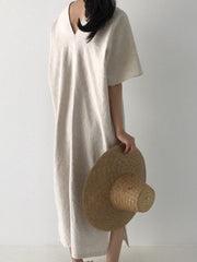 Simple Loose Solid Color V-Neck Split-Side Casual Dress