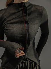 Women Slim Stitching Stand Collar Long Sleeve T-Shirt