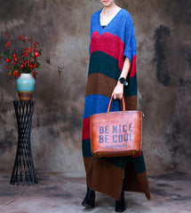 Striped Knit V-Neck Color-Block Slit Sweater Dress