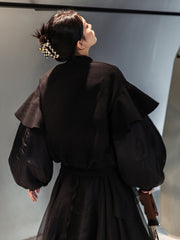 Simple Black Solid Lantern Sleeve Short Jacket