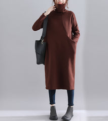 Loose Solid Color Turtleneck Midi Dress