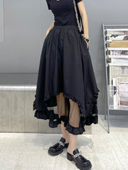 Urban Mesh Split-Joint Falbala Hollow High Waisted Black Skirts