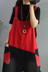 Women Retro Color Matching Loose Strap Jeans