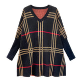 Retro Plaid Bat Sleeve Loose Jacquard V-Neck Sweater