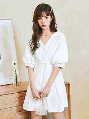 Retro Solid V-Neck Short Sleeve Mini Dress