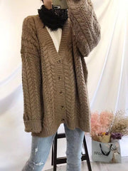 Knitting V-neck Solid Loose Cardigan Outwear
