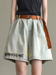 Casual Embroidered Hole Denim Shorts