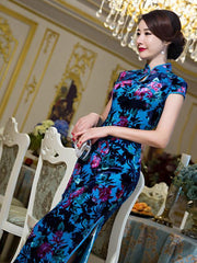 Blue Flower&Leaves Long Cheongsam Dress
