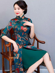 Autumn Flower Print Split-front Stand-collar Long Cheongsam