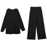 Loose V-Neck Knitted Sweater And Elastic Waist Wide-Leg Pant Suit