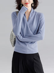 Women V-Neck Solid Color Casual Loose Bottoming Shirt