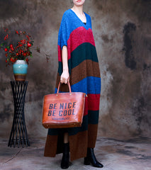 Striped Knit V-Neck Color-Block Slit Sweater Dress