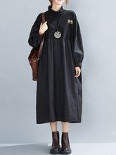 Loose Pleated Puff Sleeve Black Stitching Midi Dress