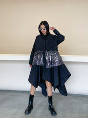 Women Lapel Color Blocking Irregular Shirt Dress