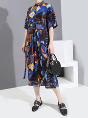 Printed Pleated Short Sleeves Shirt Dress