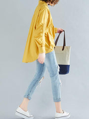 Solid Color Pleated Loose Cropped Hem Shirt