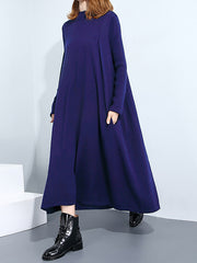 Women Solid Color High Neck Long Sleeve Dress