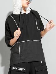 Contrast Stitching Bat Sleeve Hooded Short-Sleeved T-Shirt Tops
