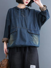 Drawstring Hooded Double Pocket Denim Sweatshirt