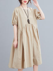 Fashion Solid Pleats Bishop Sleeve Dress