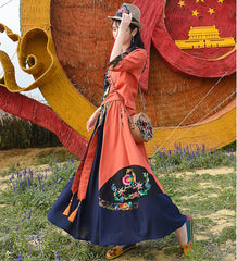 Ethnic Embroidered Flax Shirt With Elastic Waist Skirt Suit