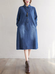 Women Solid Color Casual Denim Shirt Dress