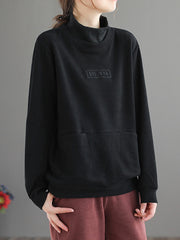 Embroidered Mock Neck Loose Sweatshirt