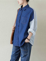 Lapel Denim Split-Joint Striped Shirt