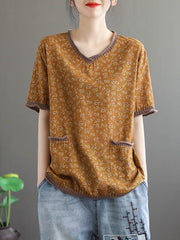 Vintage Floral Loose V-Neck T-Shirt