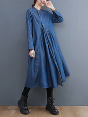 Retro Denim A-Line Stand Collar Midi Dress