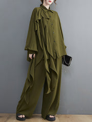 Two-Piece Solid Color Shirt And Wide-Leg Pants Casual Suit