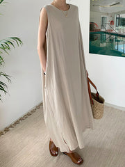 Women Solid Color Sleeveless Casual Loose Dress