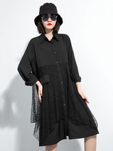 Black Loose Splicing Mesh Shirt Dress