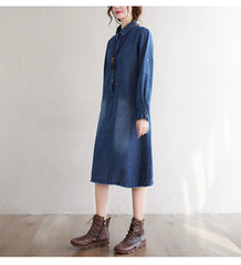 Women Solid Color Casual Denim Shirt Dress
