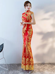 Red Lace Embroidered Mermaid Cheongsam Evening Dress