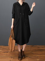 Women Big Pocket Solid Color Hooded Loose Dress
