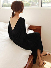 Sexy Back Loose Black horn Sleeve Long Dress
