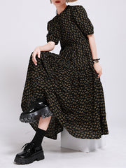 Women Floral Over The Knee Puff Sleeve Dress