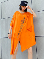 Cropped Letter Print Split-Front Round-Neck T-Shirt