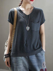 Loose Solid Color V-Neck T-Shirt